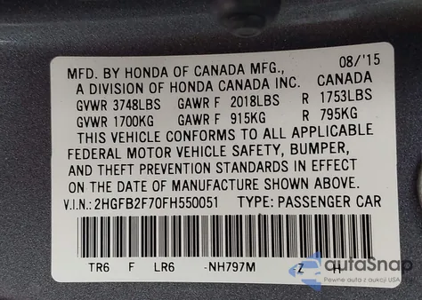 2015 Honda Civic Se from USA, damaged, VIN 2HGFB2F70FH550051